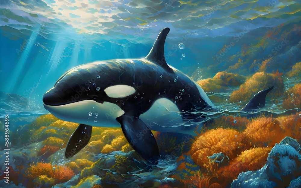 Killer Whale in a beautiful coral reef | Aquatic Animal illustrations/backgrounds/wallpapers/portraits |