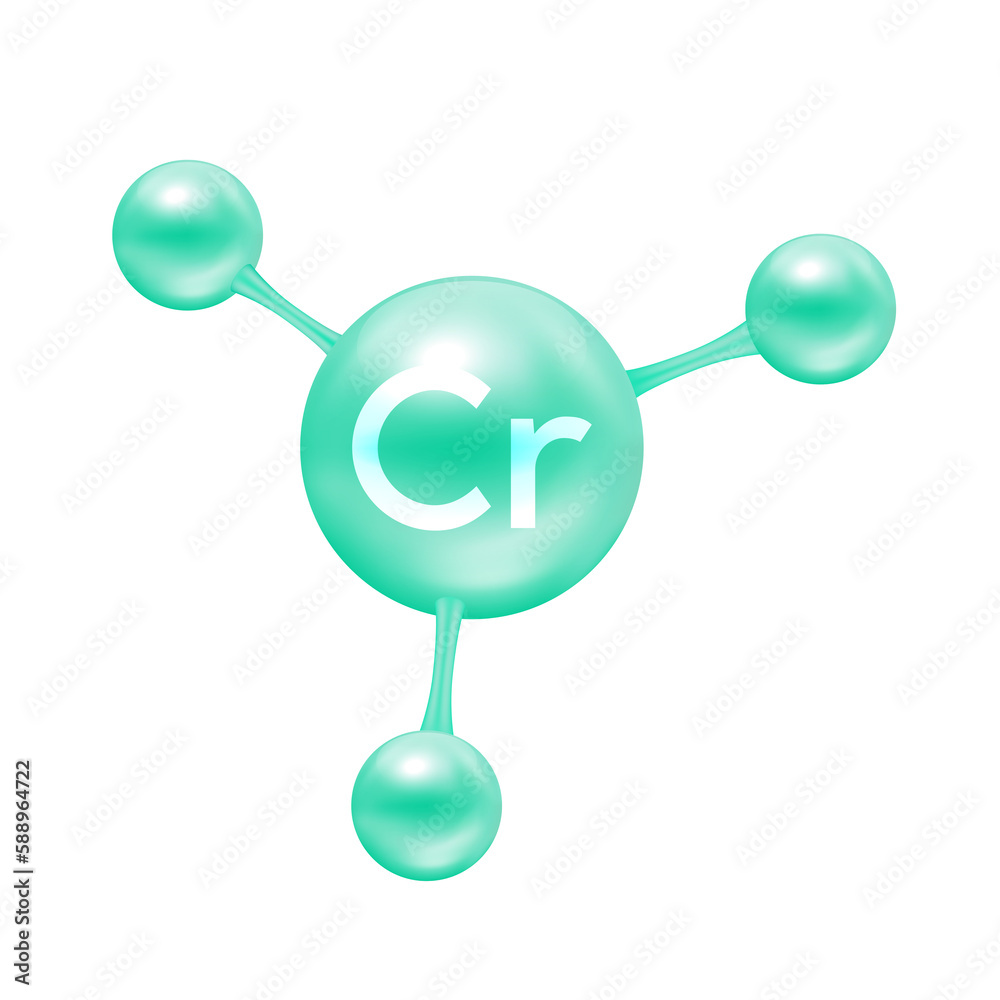 Chromium mineral in the form of atoms molecules green glossy. Chromium Cr icon 3D file PNG for designing advertising media. Medical and science concept. Chromium mineral in the form of atoms molecules green glossy. Chromium Cr icon 3D file PNG for designing advertising media. Medical and science concept.