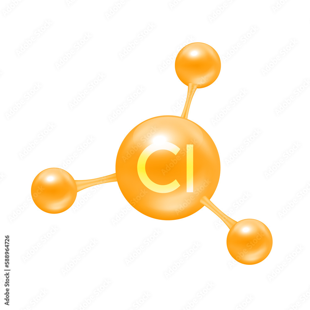 Chlorine mineral in the form of atoms molecules orange glossy. Chlorine Cl icon 3D file PNG for designing advertising media. Medical and science concept. Chlorine mineral in the form of atoms molecules orange glossy. Chlorine Cl icon 3D file PNG for designing advertising media. Medical and science concept.
