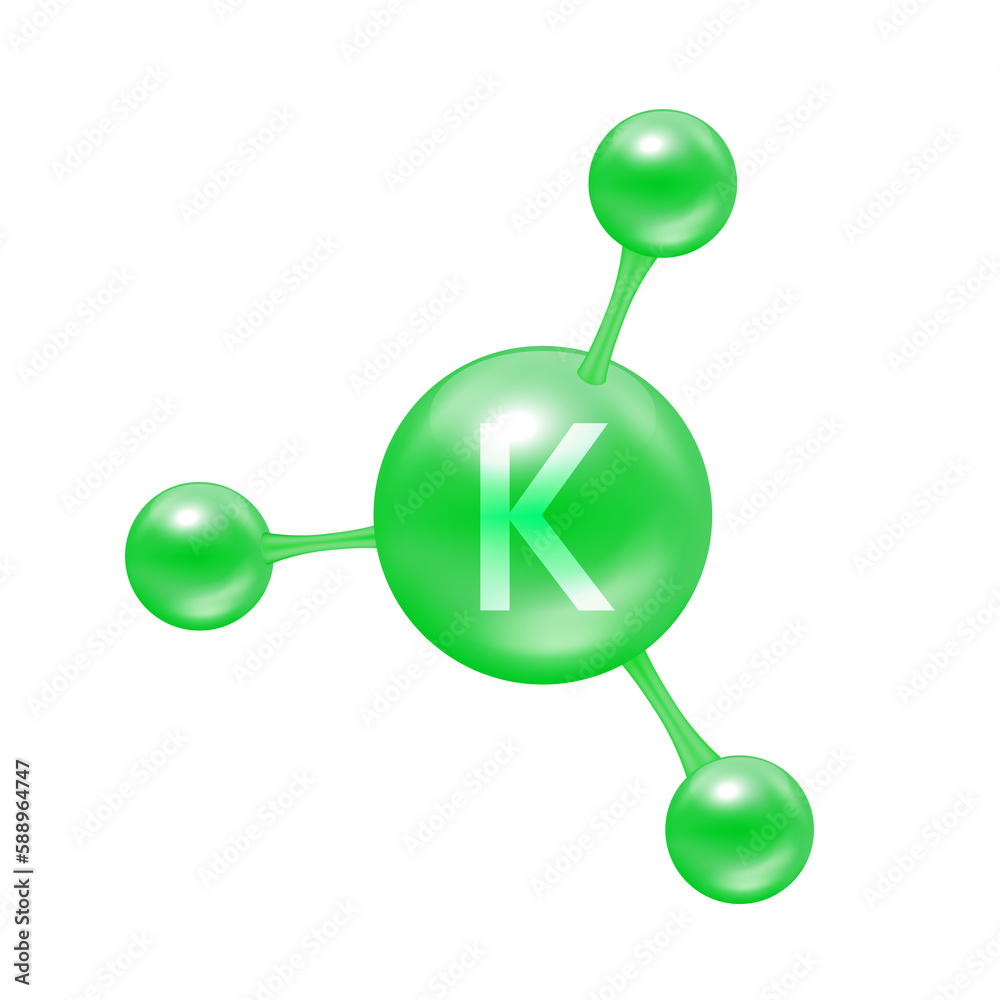 Potassium mineral in the form of atoms molecules green glossy. Potassium icon 3D file PNG for designing advertising media. Medical and science concept. Potassium mineral in the form of atoms molecules green glossy. Potassium icon 3D file PNG for designing advertising media. Medical and science concept.