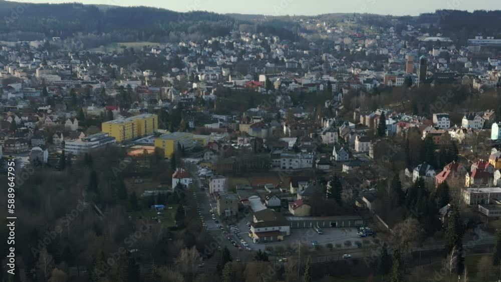 A drone flying over the city reveals a stone flood control dam. Jablonec nad Nisou A drone flying over the city reveals a stone flood control dam. Jablonec nad Nisou