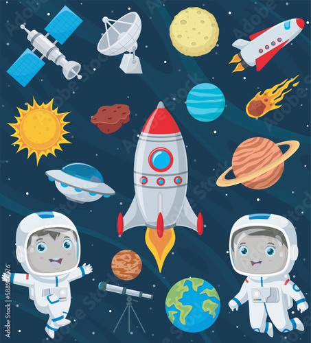 Cute children cartoon in the outer space