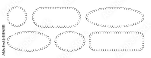 Doodle circle and oval scalloped frames. Hand drawn scalloped edge rectangle and ellipse shapes. Simple label form. Flower silhouette lace frame. Vector illustration isolated on white background.