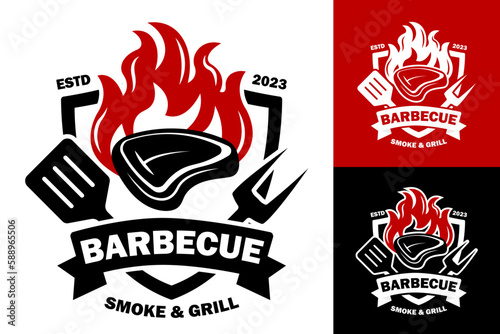 steak barbecue steakhouse bbq grill bar meat restaurant emblem logo template label design photo