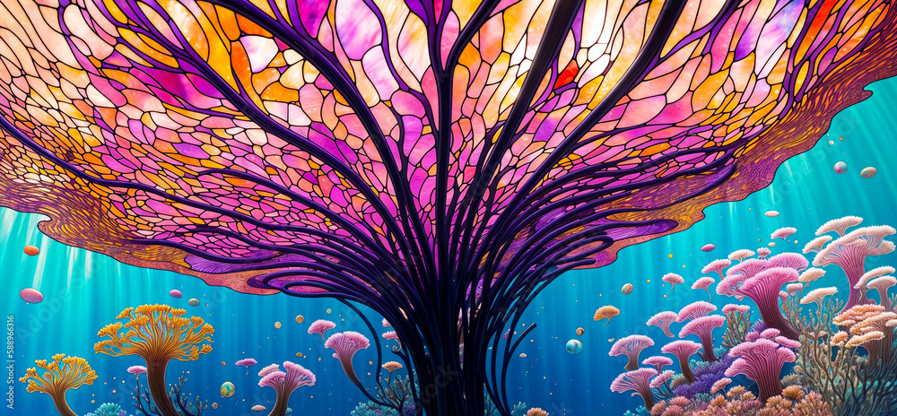Underwater colorful sea corals background artwork created with Generative AI.