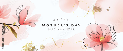 Happy Mother's Day Calligraphy abstract art background vector. Luxury minimal style wallpaper with golden line art flower and botanical leaves, watercolor. Vector background for banner, poster.