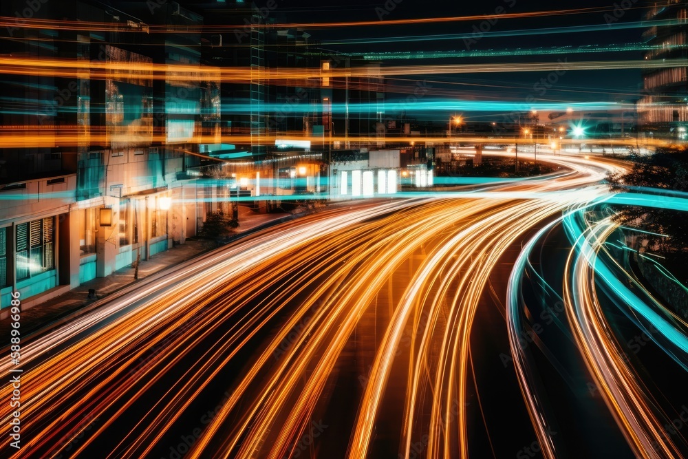bustling city street at night with blurred lights and motion. Generative AI bustling city street at night with blurred lights and motion. Generative AI