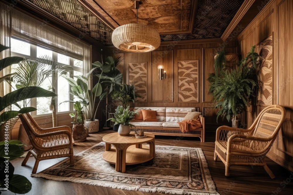 Bohemian timber living room with wallpaper, parquet, and cane ceiling. Sofa, jute carpet, and dark wood rattan armchairs. Boho decor,. Generative AI