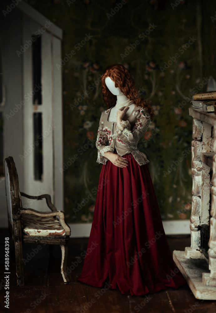 A composite image of a mannequin with human hands standing in a dolls house room