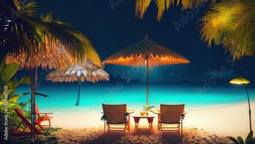 Tropical beach in the night with ocean on background. Generative AI © Fernando