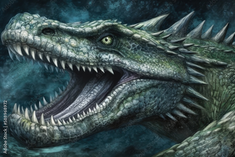 A massive, hostile dragon is in motion. a large, robust creature with strong paws. His awful, tooth-filled mouth expands. backdrop for a beautiful collage. Generative AI A massive, hostile dragon is in motion. a large, robust creature with strong paws. His awful, tooth-filled mouth expands. backdrop for a beautiful collage. Generative AI