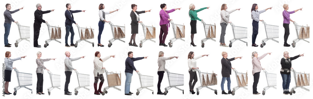 a group of people with a shopping cart point their fingers in front of them a group of people with a shopping cart point their fingers in front of them