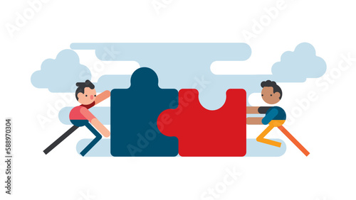 Businessmen pushing two jigsaw puzzle elements. Symbol of working together