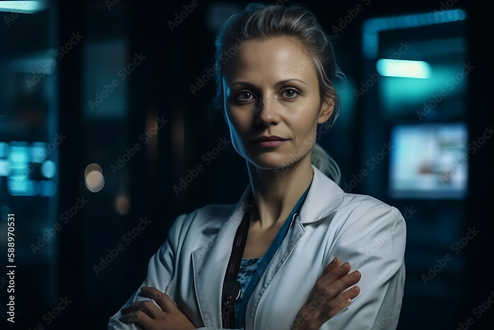 Senior female doctor with crossed arms in hospital lobby at night smiling but look tired from full day work, generative ai Senior female doctor with crossed arms in hospital lobby at night smiling but look tired from full day work, generative ai