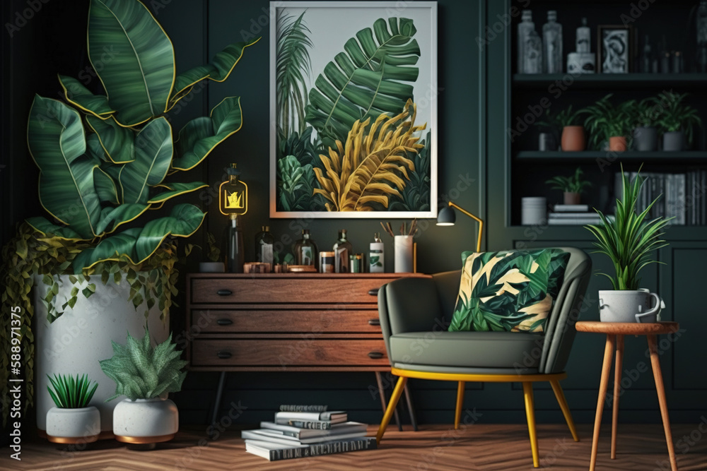 Interior design of livingroom at contemporary apartment , tropical plants, books, tea pot and elegant accessories. Modern home decor, AI Generative