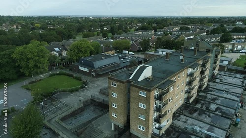 Drone shot of Jackmans Estate in Letchworth Garden City, showing council estate blocks photo