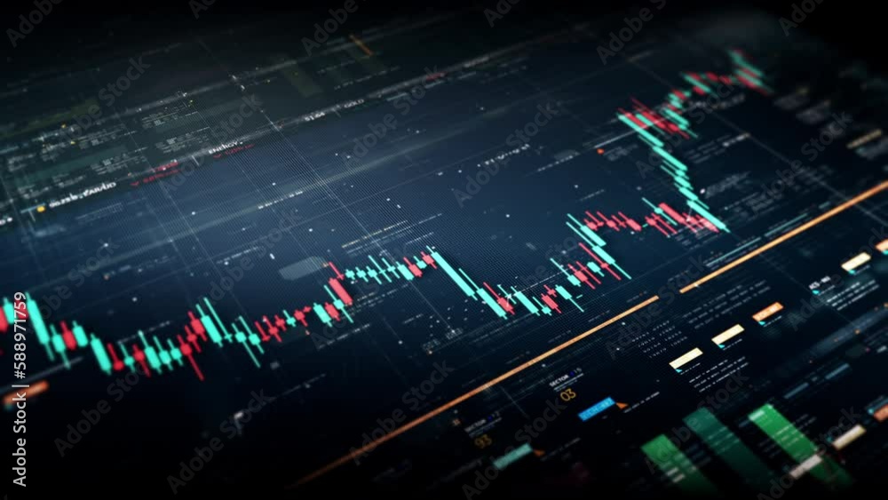 Business stock market, trading, info graphic with animated graphs, charts and data numbers insight analysis to be shown on monitor display screen for business meeting mock up theme