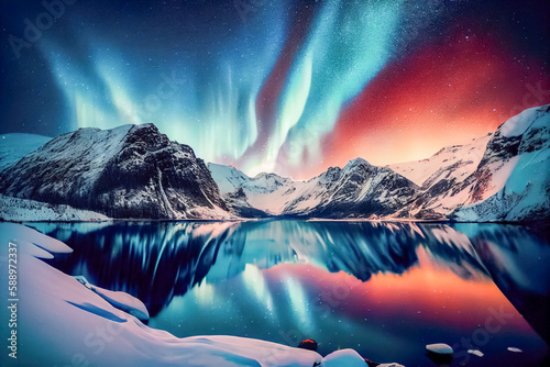 northern lights over snow-capped mountains. Generative AI, Generative, AI photo