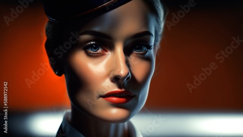 beautiful stewardess, close-up, professional, in uniform, generated in AI