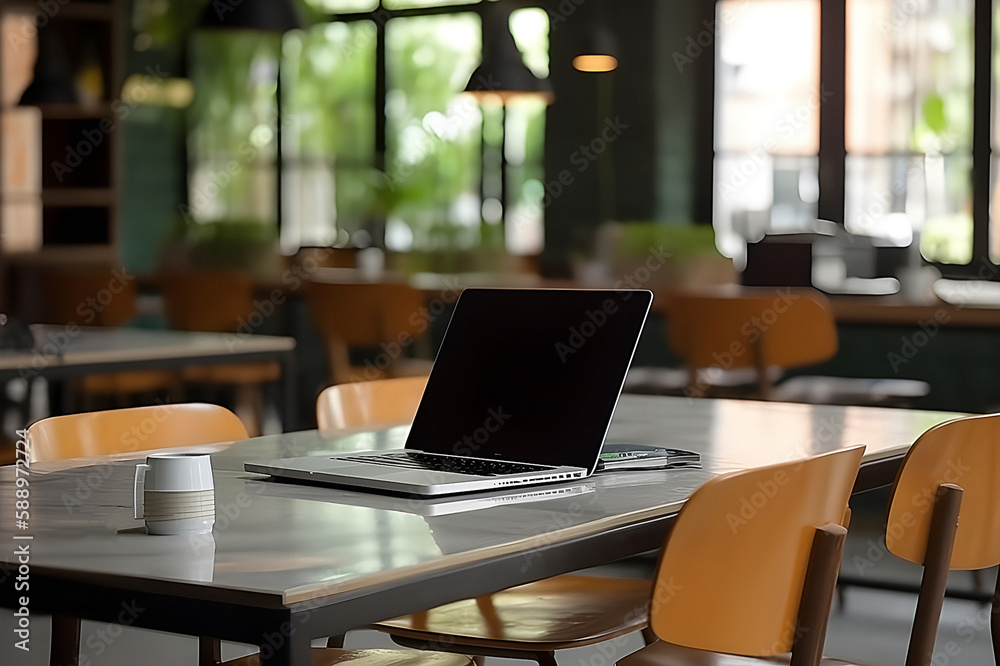 Close up view of co-working space table at cafe with laptop, stationery . Concept workplace. Generative AI Close up view of co-working space table at cafe with laptop, stationery . Concept workplace. Generative AI