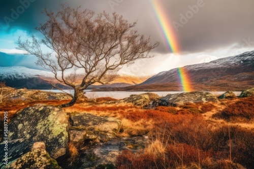 solitary tree standing in a field with a rainbow in the distance. Generative AI