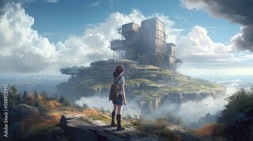 Awe-Inspiring View  Woman on Mountain Top Gazing at Sprawling Tech Campus with Ultra Elegant Photography Award-Winning Wide Angle Shot  Generative AI