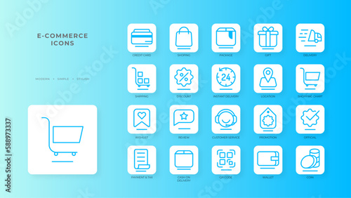 E-Commerce icons collection with blue outline style. shopping, commerce, coupon, outline, sale, store, delivery. Vector Illustration