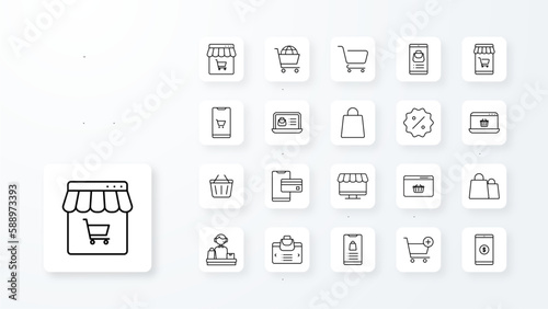 E-Commerce icons collection with black outline style. shopping, commerce, coupon, outline, sale, store, delivery. Vector Illustration