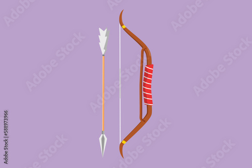 Character flat drawing arrow and bow Indian archery weapon logo, label, sticker, card, icon, symbol. Native longbow warrior, hunting equipment. Tribal wooden armor. Cartoon design vector illustration
