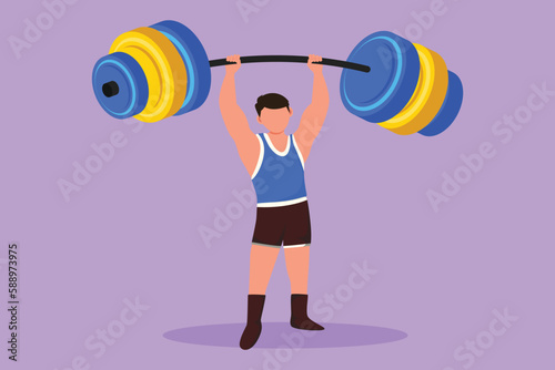 Graphic flat design drawing bodybuilder fitness model with barbell. Fitness logo badge with muscle man, gymnastic, body build. Athletic sportsman lifting up dumbbell. Cartoon style vector illustration