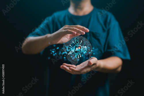 Global business, Artificial intelligence, business intelligence concept. Businessman hand holding global network with Ai, futuristic technology background
