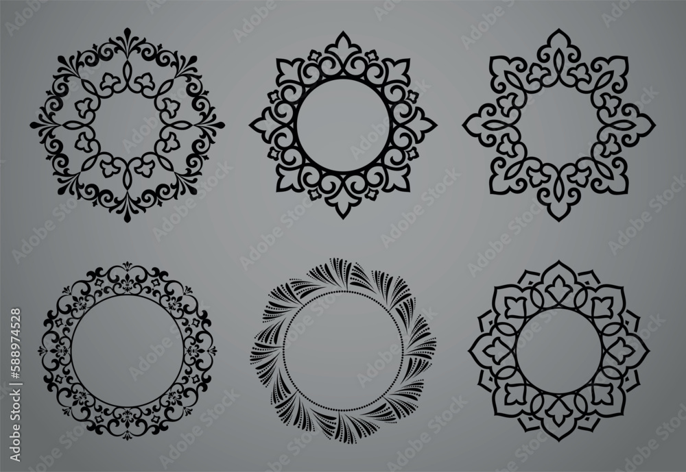 Set of decorative frames Elegant vector element for design in Eastern style, place for text. Floral black and gray borders. Lace illustration for invitations and greeting cards Set of decorative frames Elegant vector element for design in Eastern style, place for text. Floral black and gray borders. Lace illustration for invitations and greeting cards