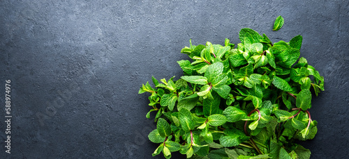 Fresh green mint on black stone table background. Medicinal and culinary plant, close-up, top view banner