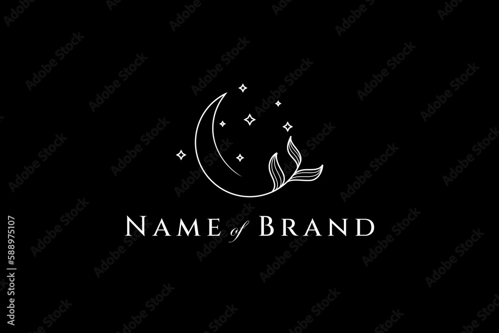 crescent moon logo with plant decoration and shining star on it