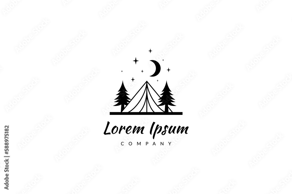 camping tent logo at night decorated with moon and shining stars with pine trees around - obrazy, fototapety, plakaty 