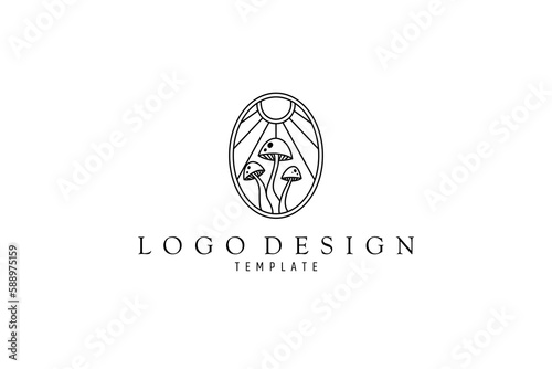 mushroom logo with sunlight in an oval frame