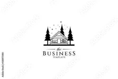 cabin logo in the forest with pine trees growing around and decorated with sparkling stars
