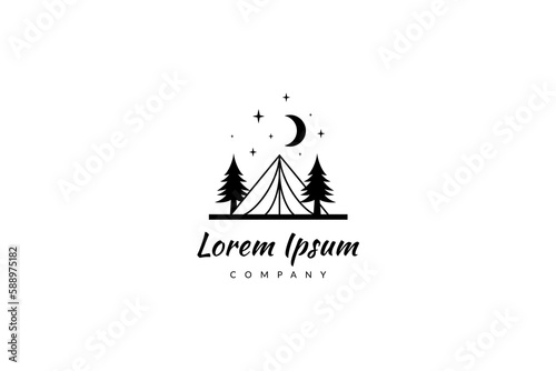 camping tent logo at night decorated with moon and shining stars with pine trees around