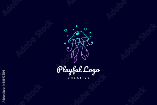 jellyfish logo on the seabed with beautiful colors and decorated with water bubbles