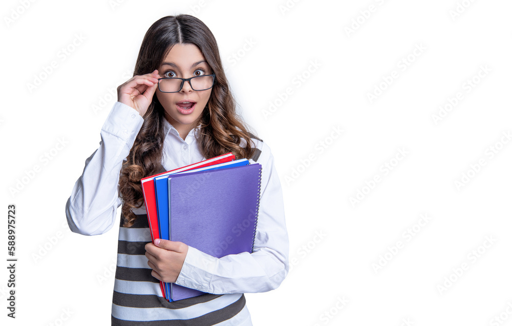 photo of amazed teen girl study at school. teen girl study at school isolated on white. photo of amazed teen girl study at school. teen girl study at school isolated on white.