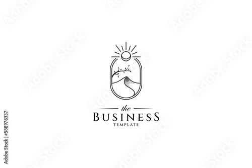 mountain landscape bohemian logo with tree branches, sun and moon decoration in minimalistic line frame