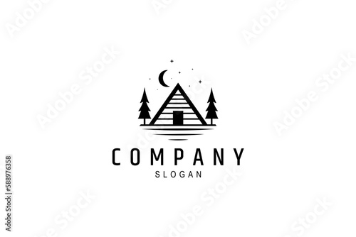 cabin house rent logo in the forest with pine trees growing around and decorated with crescent moon and sparkling stars