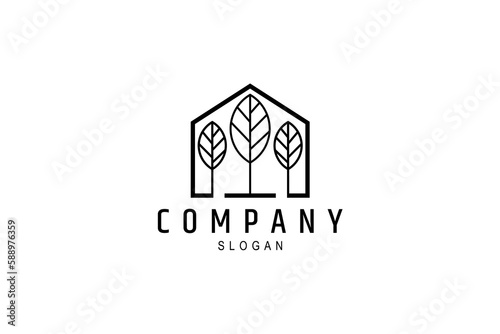 Vector logo on which an simple image of a house with leaves inside.