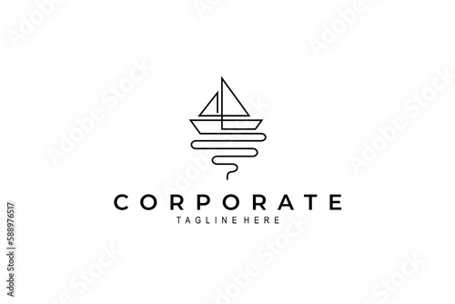 sailboat logo on the sea in one line design concept