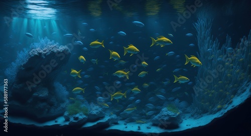 fishes swimming in a big aquarium. Generative AI