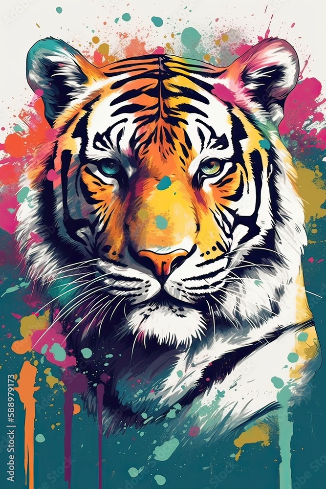 Naklejka premium Growling leopard. Abstract, multicolored portrait of a snarling neon leopard on a background. can be used for t-shirt graphics, print. Vector illustration. Generative Ai.