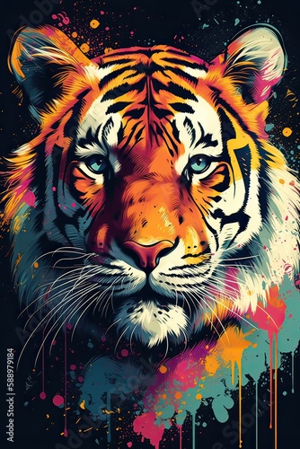 Growling leopard. Abstract  multicolored portrait of a snarling neon leopard on a background. can be used for t-shirt graphics  print. Vector illustration. Generative Ai.