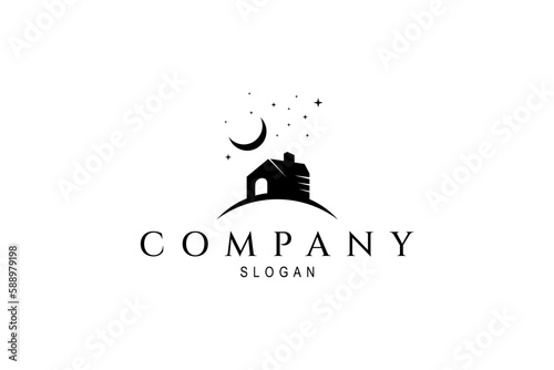 silhouette house logo with crescent moon and stars decoration in flat design style