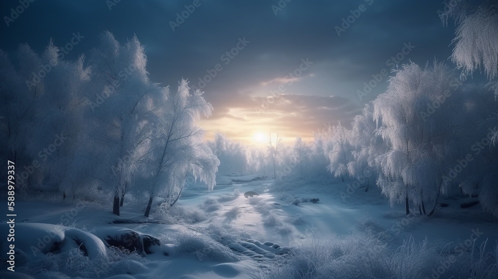 a winter landscape covered in snow with glowing light a winter landscape covered in snow with glowing light