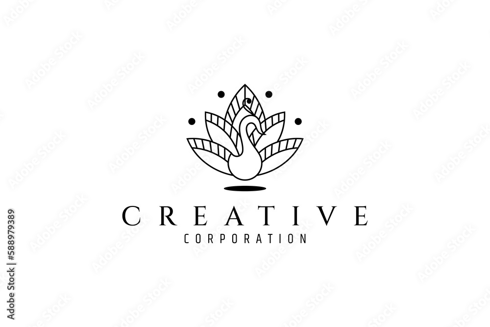 peacock and lotus flower logo with water bubble decoration in line design style peacock and lotus flower logo with water bubble decoration in line design style